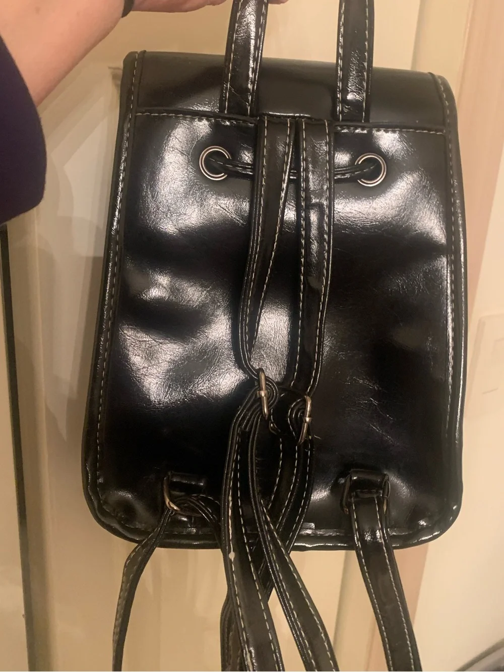Black Faux Leather Drawstring Backpack - Unbranded